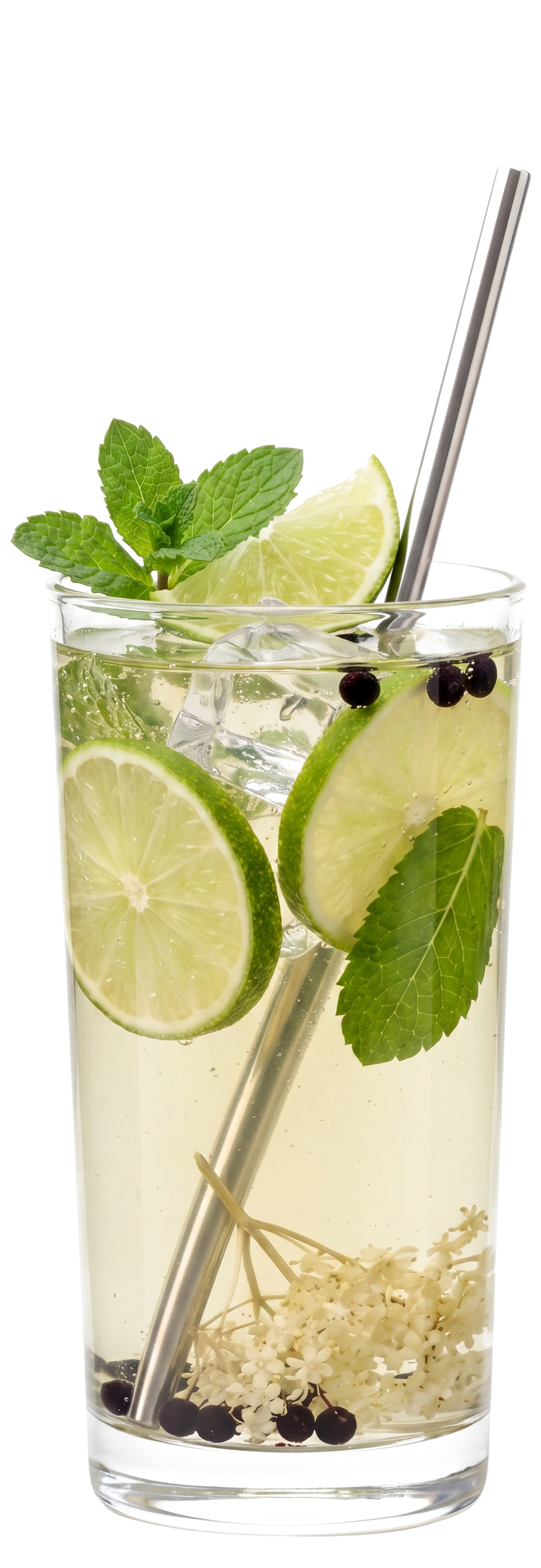 Fruzy Holunder Limette Minze Sirup im Glas mit Limette, Minze und Holunderbeeren
