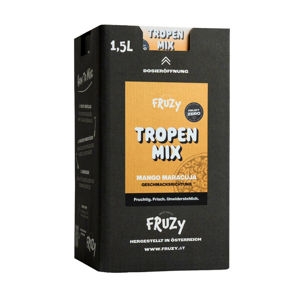 FRUZY ZERO Tropen-Mix Fruchtsirup Mango-Maracuja ohne Zucker 1,5L – Einzelbox
