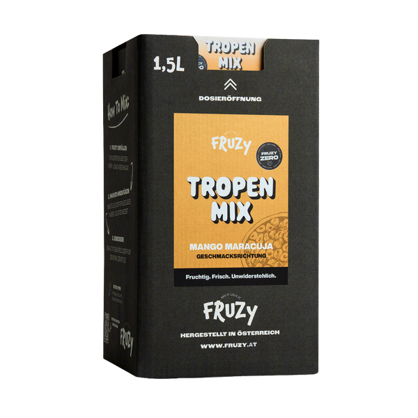 FRUZY ZERO Tropen-Mix Fruchtsirup Mango-Maracuja ohne Zucker 1,5L – Einzelbox